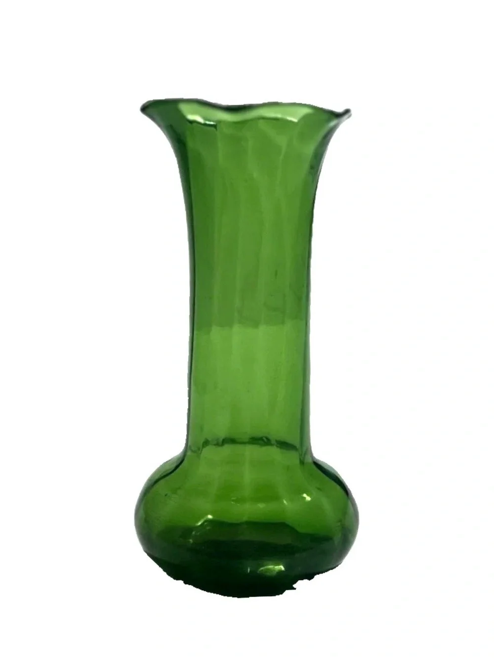Vintage Green Art Glass Bud Vase 6” Hand Blown Scalloped Rim Mid Century MCM